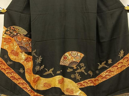 平和屋着物■豪華黒留袖 駒刺繍 扇面宝尽くし花蝶文 金彩 正絹 逸品 BAAW5547hj