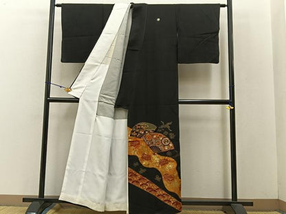 平和屋着物■豪華黒留袖 駒刺繍 扇面宝尽くし花蝶文 金彩 正絹 逸品 BAAW5547hj