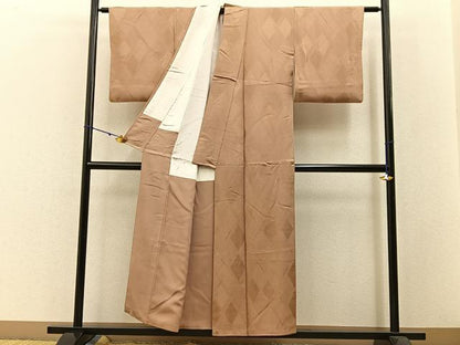 平和屋着物■上質な色無地 菱地紋 赤白橡色 正絹 逸品 BAAW5548hj