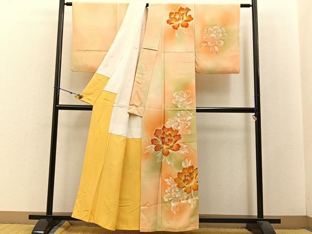 平和屋着物■訪問着 手描き 刺繍 牡丹 暈し染め 金糸 正絹 逸品 BAAW5562hj