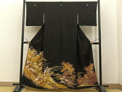 平和屋着物■豪華黒留袖　駒刺繍　鳳凰浜松文　金銀彩　正絹　逸品　BAAW5585hj