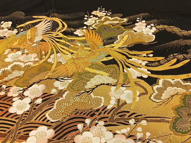 平和屋着物■豪華黒留袖　駒刺繍　鳳凰浜松文　金銀彩　正絹　逸品　BAAW5585hj
