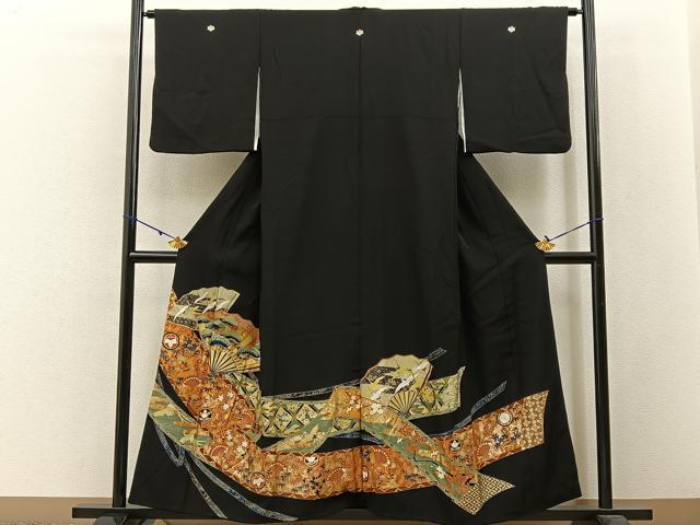 平和屋着物■豪華黒留袖　松竹梅　扇面飛鶴花文　金彩　正絹　逸品　BAAW5594hj