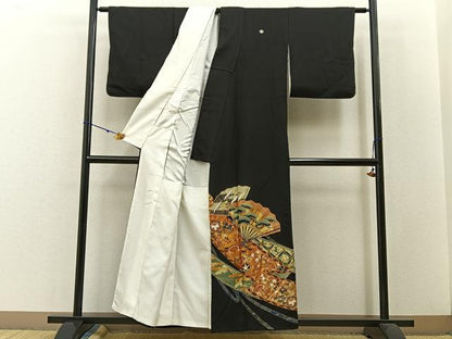 平和屋着物■豪華黒留袖　松竹梅　扇面飛鶴花文　金彩　正絹　逸品　BAAW5594hj
