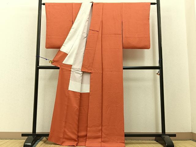 平和屋着物■上質な色無地 松花地紋 照柿色 正絹 逸品 BAAW5613hj