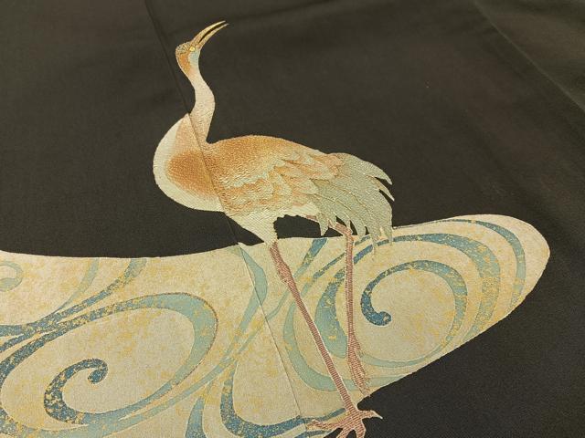 平和屋着物■中国三大刺繍 相良刺繍 黒留袖 鶴 金彩 正絹 逸品 BAAW5693hj