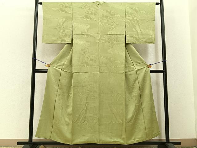 平和屋着物■上質な色無地 草花地紋 抹茶色 正絹 逸品 BAAW5696hj