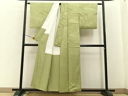平和屋着物■上質な色無地 草花地紋 抹茶色 正絹 逸品 BAAW5696hj