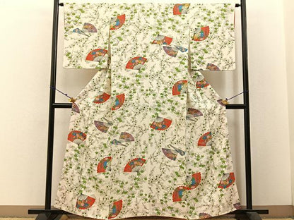 平和屋着物■上質な小紋 手描き 扇面枝花文 正絹 逸品 BAAW5718hj