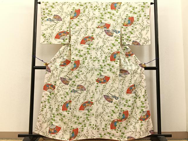 平和屋着物■上質な小紋 手描き 扇面枝花文 正絹 逸品 BAAW5718hj
