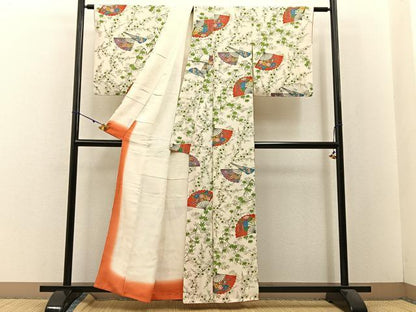 平和屋着物■上質な小紋 手描き 扇面枝花文 正絹 逸品 BAAW5718hj