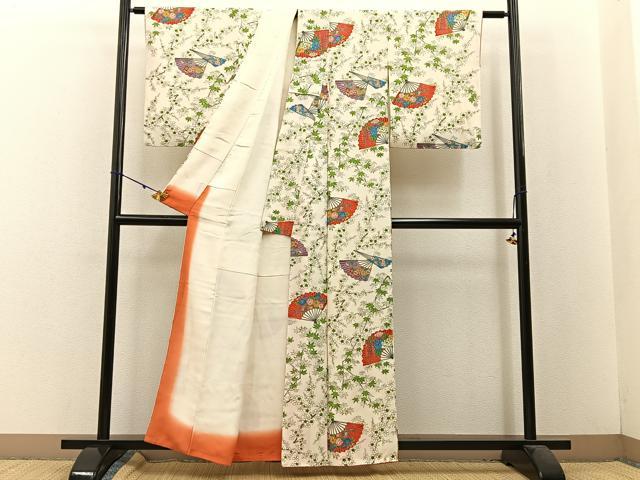 平和屋着物■上質な小紋 手描き 扇面枝花文 正絹 逸品 BAAW5718hj