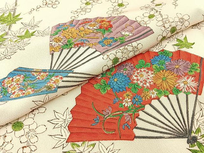 平和屋着物■上質な小紋 手描き 扇面枝花文 正絹 逸品 BAAW5718hj