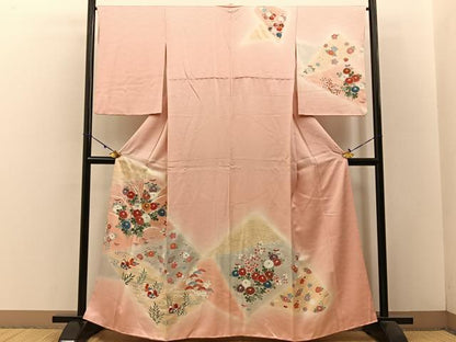 平和屋着物■訪問着　刺繍　鴛鴦花文　暈し染め　銀彩　正絹　逸品　BAAW5817hj