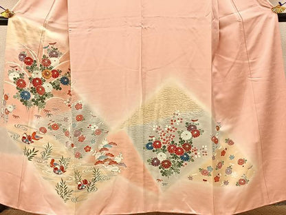 平和屋着物■訪問着　刺繍　鴛鴦花文　暈し染め　銀彩　正絹　逸品　BAAW5817hj