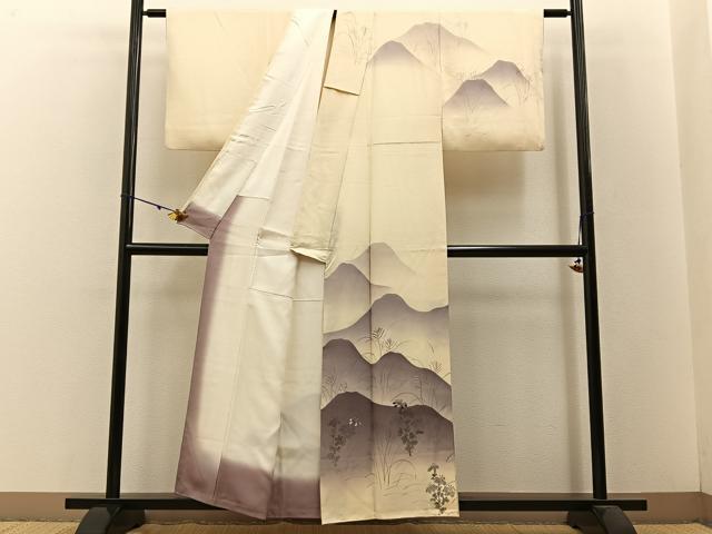 平和屋着物■訪問着　手描き　刺繍　重ね山花文　暈し染め　正絹　逸品　BAAW5819hj