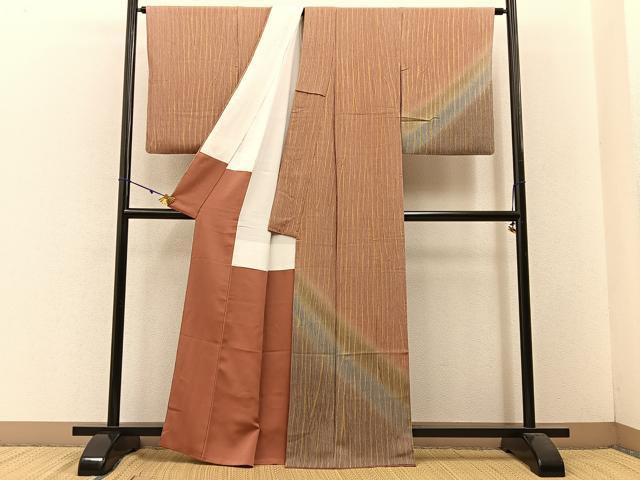 平和屋着物■訪問着　杢目絞り　縞　暈し染め　正絹　逸品　BAAW5866hj