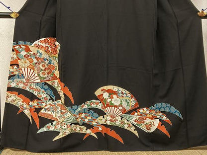 平和屋着物■豪華黒留袖 駒刺繍 扇面雪芝花文 正絹 逸品 BAAW5882hj