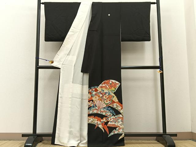 平和屋着物■豪華黒留袖 駒刺繍 扇面雪芝花文 正絹 逸品 BAAW5882hj