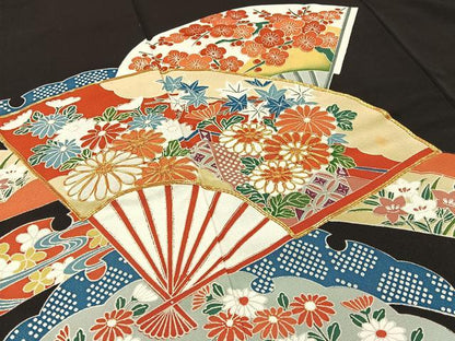 平和屋着物■豪華黒留袖 駒刺繍 扇面雪芝花文 正絹 逸品 BAAW5882hj
