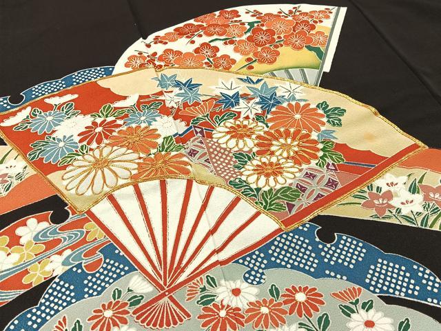 平和屋着物■豪華黒留袖 駒刺繍 扇面雪芝花文 正絹 逸品 BAAW5882hj