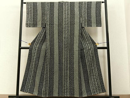 平和屋着物●上質な小紋　総絞り　麻の葉間道　黒地　正絹　逸品　未使用　BAAW5921hj