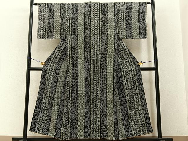 平和屋着物●上質な小紋　総絞り　麻の葉間道　黒地　正絹　逸品　未使用　BAAW5921hj