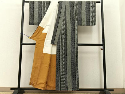 平和屋着物●上質な小紋　総絞り　麻の葉間道　黒地　正絹　逸品　未使用　BAAW5921hj