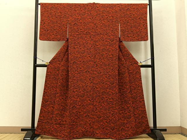 平和屋着物■上質な小紋 型染め 流水草花文 鬼しぼ縮緬 正絹 逸品 未使用 BAAW5930hj