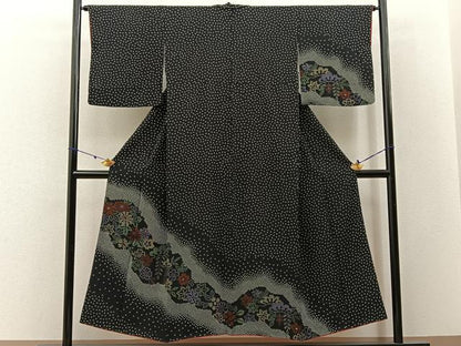 平和屋着物■訪問着 鹿の子松花文 黒地 正絹 逸品 BAAW5937hj