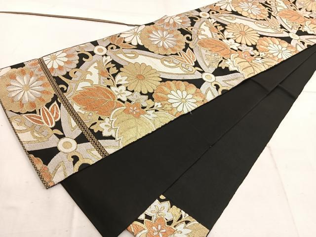 平和屋着物◎六通柄　本袋帯　菊花文　黒地　金糸　正絹　逸品　BAAW6012mz
