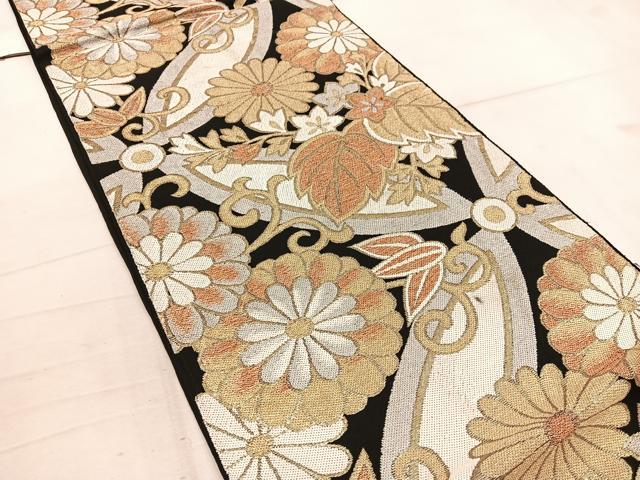 平和屋着物◎六通柄　本袋帯　菊花文　黒地　金糸　正絹　逸品　BAAW6012mz