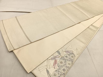 平和屋着物◎太鼓柄袋帯　駒刺繍　雲取り青海波花文　金銀糸　正絹　逸品　BAAW6014mz