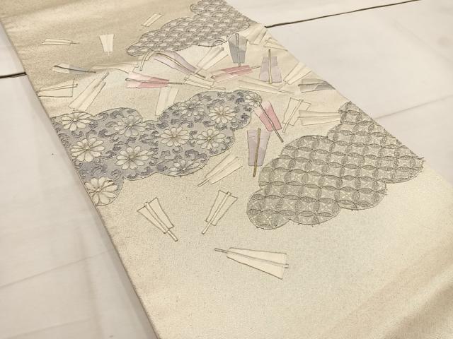 平和屋着物◎太鼓柄袋帯　駒刺繍　雲取り青海波花文　金銀糸　正絹　逸品　BAAW6014mz