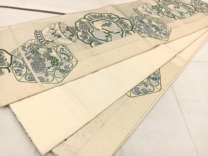 平和屋着物◎六通柄袋帯 陶器花文 銀糸 正絹 逸品 BAAW6023mz