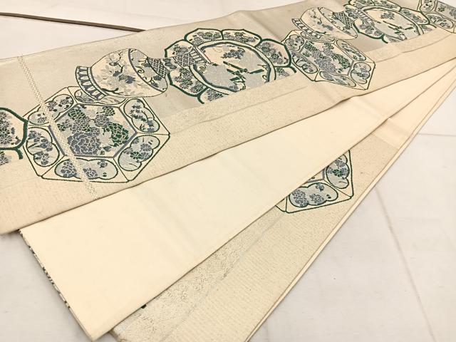 平和屋着物◎六通柄袋帯 陶器花文 銀糸 正絹 逸品 BAAW6023mz