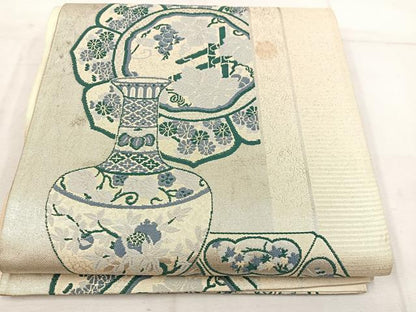 平和屋着物◎六通柄袋帯 陶器花文 銀糸 正絹 逸品 BAAW6023mz