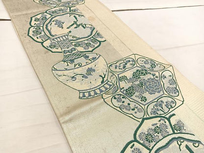 平和屋着物◎六通柄袋帯 陶器花文 銀糸 正絹 逸品 BAAW6023mz