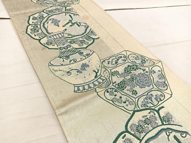 平和屋着物◎六通柄袋帯 陶器花文 銀糸 正絹 逸品 BAAW6023mz