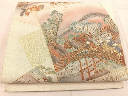 平和屋着物◎太鼓柄袋帯 綴れ 地紙重ね人物風景文 金彩 正絹 逸品 BAAW6026mz