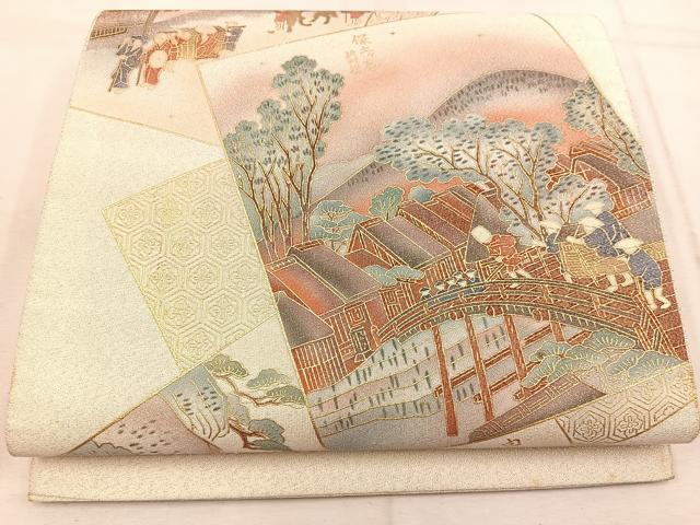 平和屋着物◎太鼓柄袋帯 綴れ 地紙重ね人物風景文 金彩 正絹 逸品 BAAW6026mz
