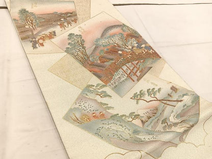 平和屋着物◎太鼓柄袋帯 綴れ 地紙重ね人物風景文 金彩 正絹 逸品 BAAW6026mz