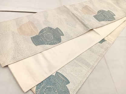 平和屋着物◎六通柄袋帯 陶器花文 金銀糸 正絹 逸品 BAAW6040mz