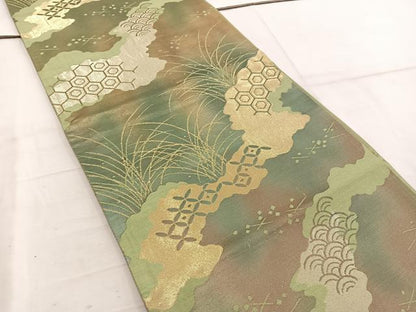 平和屋着物◎六通柄袋帯　亀甲草葉文　金糸　引箔　正絹　逸品　BAAW6044mz
