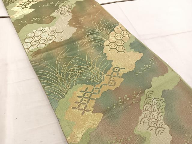 平和屋着物◎六通柄袋帯　亀甲草葉文　金糸　引箔　正絹　逸品　BAAW6044mz