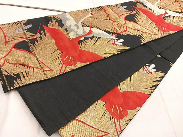 平和屋着物◎六通柄袋帯　飛鶴文　黒地　金銀糸　正絹　逸品　BAAW6047mz