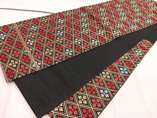平和屋着物◎六通柄袋帯　菱花文　黒地　金糸　正絹　逸品　BAAW6048mz