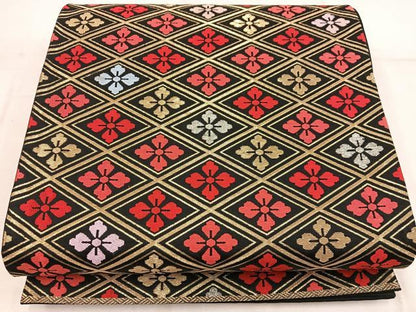 平和屋着物◎六通柄袋帯　菱花文　黒地　金糸　正絹　逸品　BAAW6048mz