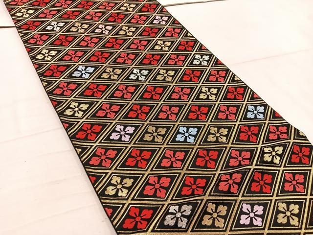 平和屋着物◎六通柄袋帯　菱花文　黒地　金糸　正絹　逸品　BAAW6048mz