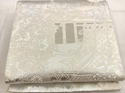 平和屋着物◎六通柄袋帯 風景牡丹花文 銀糸 正絹 逸品 BAAW6056mz